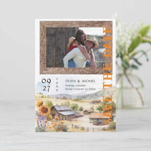 Westerne Ranch Bruiloft Save the Date (Staand voorkant)