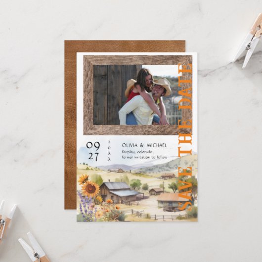 Westerne Ranch Bruiloft Save the Date (Voorkant / Achterkant in situ)