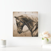 Westerne Ranch Horse Old Photo Sepia Vierkante Klok (Huis)