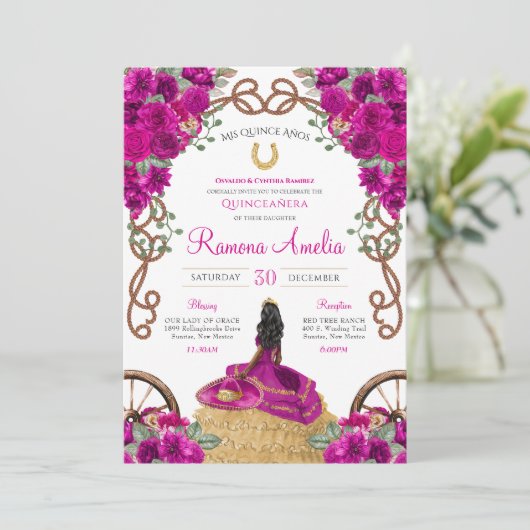 Westerne Ranch Magenta Roze Bloemen Quinceañera Kaart (Staand voorkant)