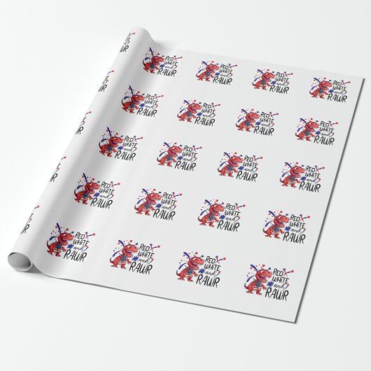 Westerne Red White Rawr-dinosaurus Cadeaupapier (Uitgerold)