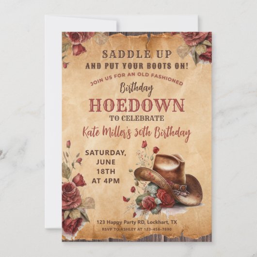 Westerne Rode Bloemen Cowgirl Verjaardagshoedown Kaart (Voorkant)