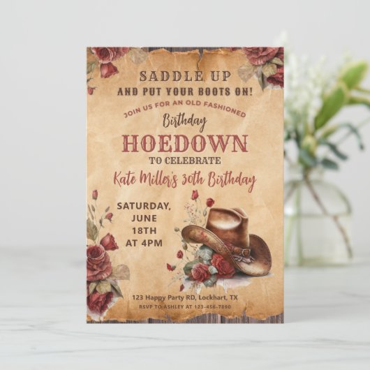 Westerne Rode Bloemen Cowgirl Verjaardagshoedown Kaart (Staand voorkant)
