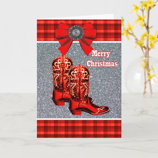 Westerne rode cowboylaarzen en speldenvakantie kaart (Gele Bloem)