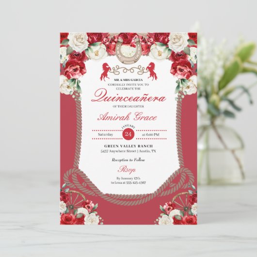 Westerne rode rozen Charro Cowgirl Quinceañera Kaart (Staand voorkant)