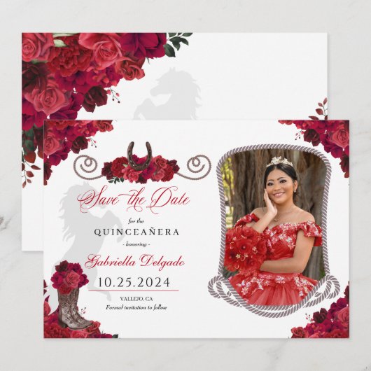 Westerne rode rozen quinceañera bewaar de datum fo kaart (Voorkant / Achterkant)