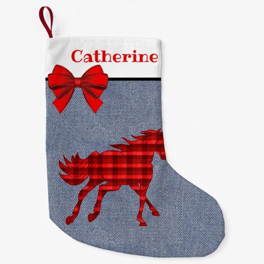Westerne rode speldenpaard op Faux Denim Kleine Kerstsok (Voorkant)
