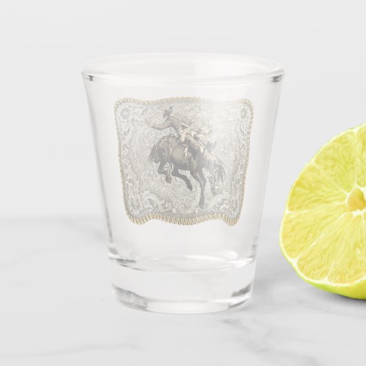 Westerne rodeo Cowboy Bronc Ridgordel Shot Glas (Achterkant)