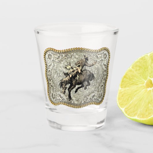 Westerne rodeo Cowboy Bronc Ridgordel Shot Glas (Voorkant)