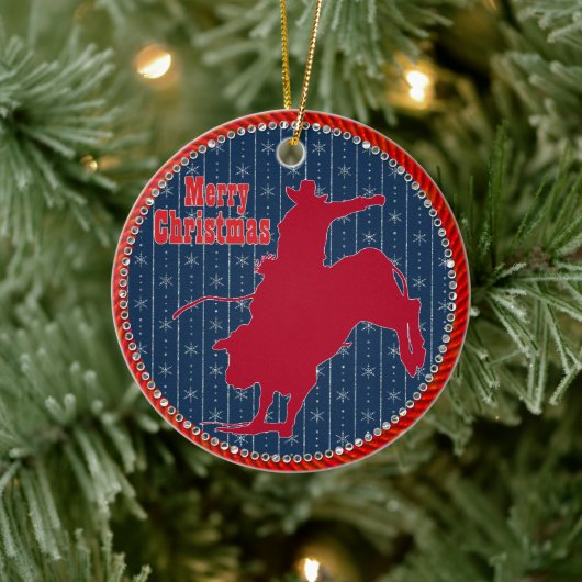 Westerne Rodeo Cowboy Bull die Kerstmis bezielt Keramisch Ornament (Boom)