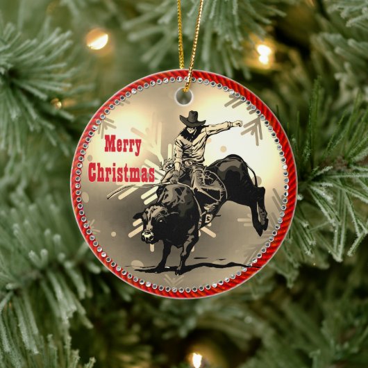 Westerne Rodeo Cowboy Bull Rider Keramisch Ornament (Boom)