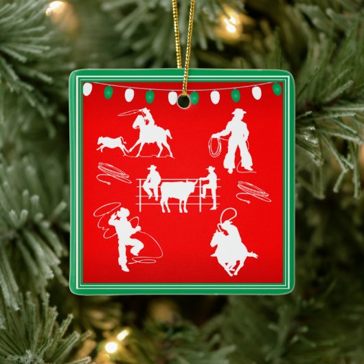 Westerne Rodeo Cowboy Cowgirl die kerstmis roping Keramisch Ornament (Boom)