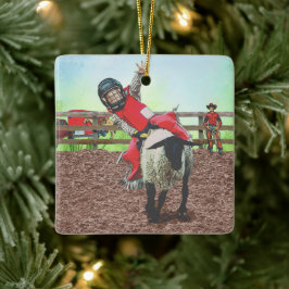 Westerne Rodeo Cowboy Cowgirl Mutton Busting Keramisch Ornament