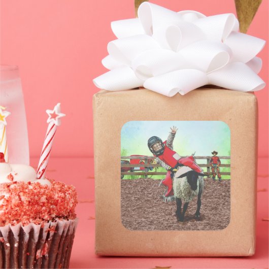 Westerne Rodeo Cowboy Cowgirl Mutton Busting Vierkante Sticker (Feest)