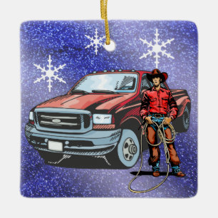 Westerne Rodeo Cowboy en kerst met vrachtwagens Keramisch Ornament