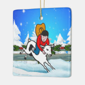 Westerne Rodeo Cowboy Kind Mutton Buster Snow Scen Keramisch Ornament (Links)