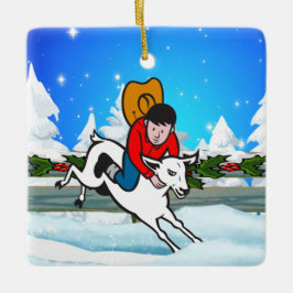 Westerne Rodeo Cowboy Kind Mutton Buster Snow Scen Keramisch Ornament