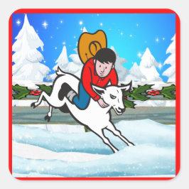 Westerne Rodeo Cowboy Kind Mutton Buster Snow Scen Vierkante Sticker