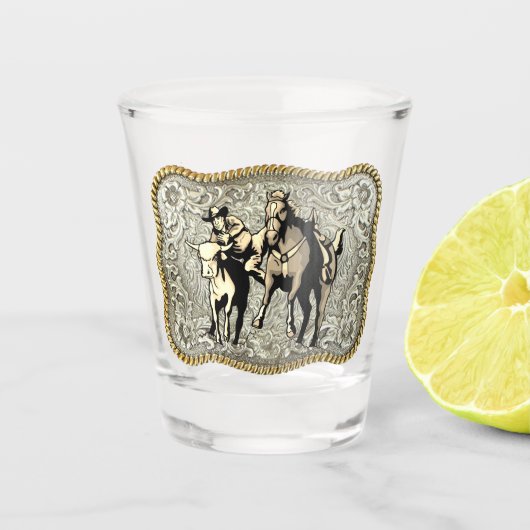 Westerne Rodeo Cowboy Steer Wrestlin Belt Buckle Shot Glas (Voorkant)