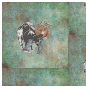 Westerne Rodeo Cowboy Steer Wrestling Print Fabric Stof