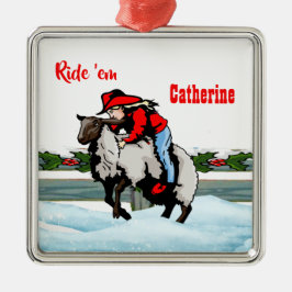 Westerne Rodeo Cowgirl Kind Mutton Buster Kerstmis Metalen Ornament