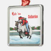 Westerne Rodeo Cowgirl Kind Mutton Buster Kerstmis Metalen Ornament (Links)
