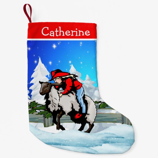 Westerne Rodeo Cowgirl Kind Mutton Buster Snow Sce Kleine Kerstsok (Voorkant)