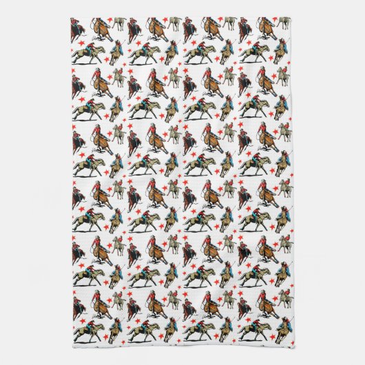 Westerne Rodeo Cowgirl op paarden Theedoek (Verticaal)