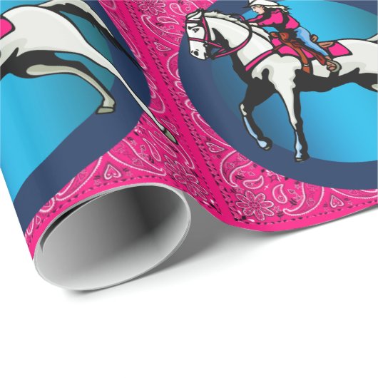 Westerne Rodeo Cowgirl op Running Horse Barrel Rac Cadeaupapier (Rol Hoek)