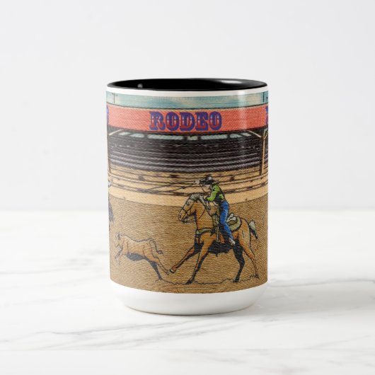 Westerne Rodeo Events Cowboys Roping Horses Bulls Tweekleurige Koffiemok (Center)