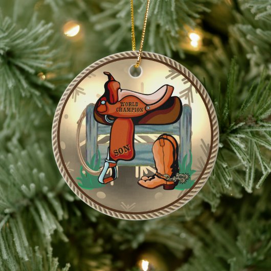 Westerne Rodeo Saddle Champion Son Keramisch Ornament (Boom)