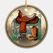 Westerne Rodeo Saddle Champion Son Keramisch Ornament (Achterkant)