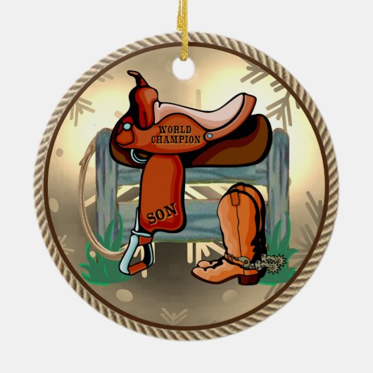 Westerne Rodeo Saddle Champion Son Keramisch Ornament (Achterkant)