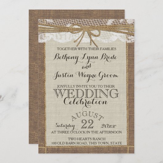 Westerne Romance Burlap and Lace Kaart (Voorkant / Achterkant)