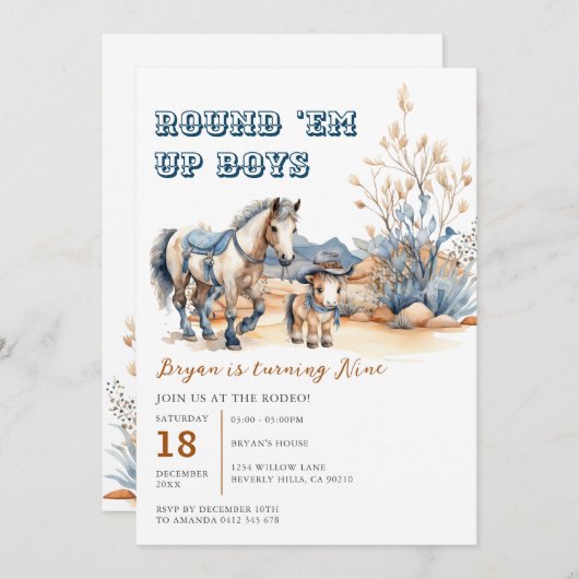 Westerne Round 'Em Up Boys Cowboy Verjaardagsfeest Kaart (Voorkant / Achterkant)