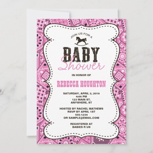 Westerne Roze Bandanna Baby shower Uitnodiging (Voorkant)