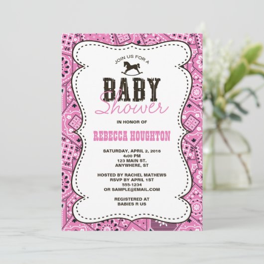 Westerne Roze Bandanna Baby shower Uitnodiging (Staand voorkant)