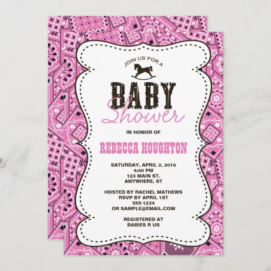 Westerne Roze Bandanna Baby shower Uitnodiging (Voorkant / Achterkant)