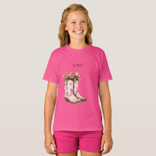 Westerne Roze Cowgirl Bloemen Laarzen T-shirt