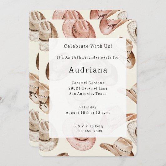 Westerne Roze Crème Cowgirl Petten Verjaardag Kaart (Voorkant / Achterkant)