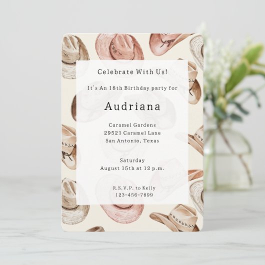 Westerne Roze Crème Cowgirl Petten Verjaardag Kaart (Staand voorkant)