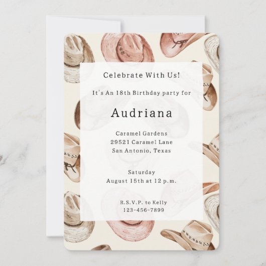 Westerne Roze Crème Cowgirl Petten Verjaardag Kaart (Voorkant)