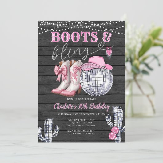 Westerne Roze Laarzen & Bling Cowgirl Cactus Verja Kaart (Staand voorkant)