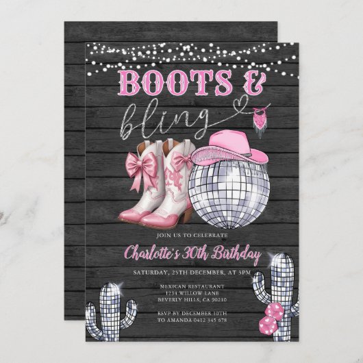 Westerne Roze Laarzen & Bling Cowgirl Cactus Verja Kaart (Voorkant / Achterkant)