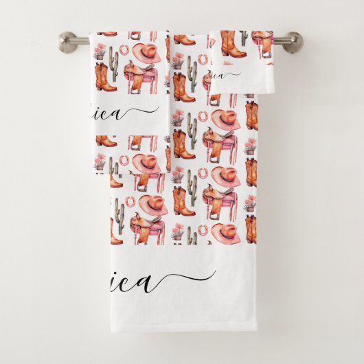 Westerne roze oranje cowgirl scriptnaam bad handdoek (Insitu)