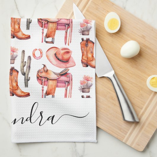 Westerne roze oranje cowgirl scriptnaam theedoek (Quarter Fold)