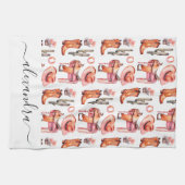 Westerne roze oranje cowgirl scriptnaam theedoek (Horizontaal)