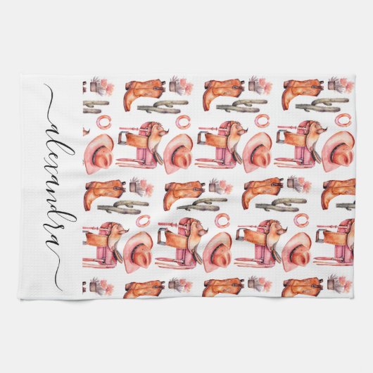 Westerne roze oranje cowgirl scriptnaam theedoek (Horizontaal)