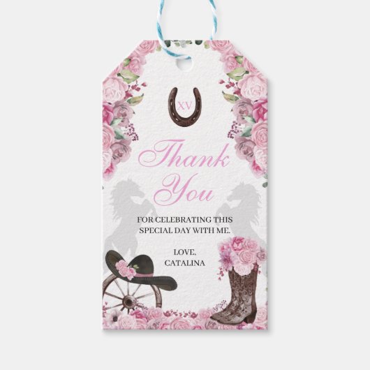 Westerne roze Ranchero Quinceanera Gift Labels Cadeaulabel (Voorkant)