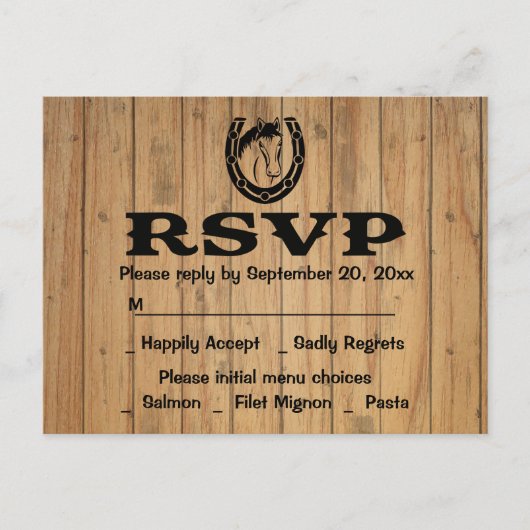 Westerne RSVP Trouwpaard Bruin Hout Land Uitnodiging Briefkaart (Voorkant)